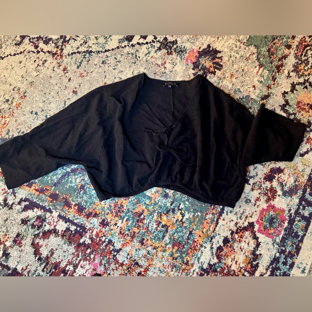 Eloquii Black Cropped Tie Blouse